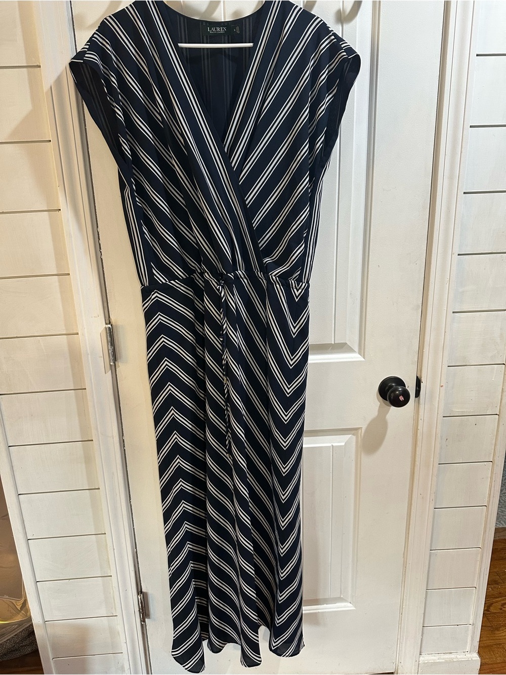 Ralph Lauren Navy and White Striped Wrap Maxi Dress with Tie Waist